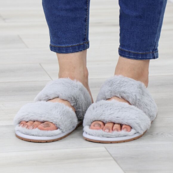 Grey Puff Fuzzy Furry Fluffy Slip On Plush Slippers Double Strap - Picture 5 of 13